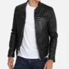 Mens Hooded Cafe Racer Black Leather Jacket front image