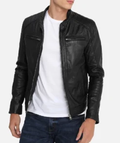 Mens Hooded Cafe Racer Black Leather Jacket front image