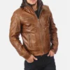 Men’s Cognac Hooded Leather Jacket %sep% TJD font view