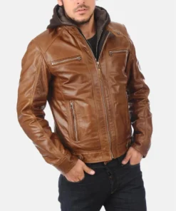 Men’s Cognac Hooded Leather Jacket %sep% TJD font view