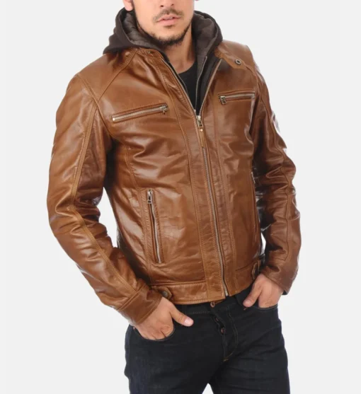 Men’s Cognac Hooded Leather Jacket %sep% TJD font view