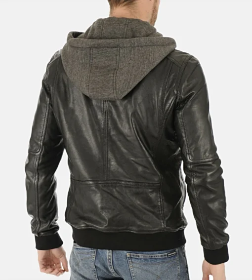 Men's Hooded Black Leather Jacket - Image 2