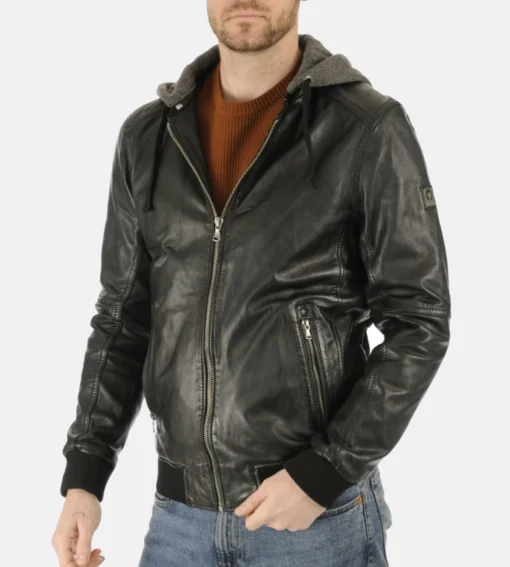 Men's Hooded Black Leather Jacket