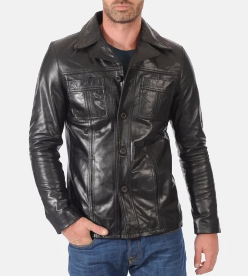 Men's Black Hooded Genuine Leather Jacket - Image 2