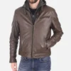 Men’s Mocha Brown Removable Hooded Leather Jacket front view