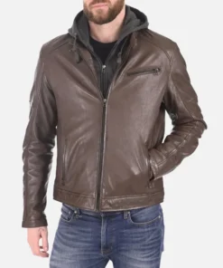 Men’s Mocha Brown Removable Hooded Leather Jacket front view