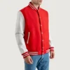 Men's Red and White Wool Varsity Jacket with Leather Sleeves front view