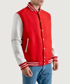 Men's Red and White Wool Varsity Jacket with Leather Sleeves front view