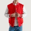 Mens Red and White Wool Varsity Jacket with Leather Sleeves 2 image