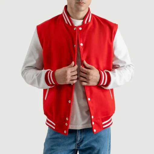 Men's Red Wool & Leather Varsity Jacket - Image 3
