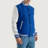 Men's Royal Blue Wool Varsity Jacket with White Leather Sleeves front view