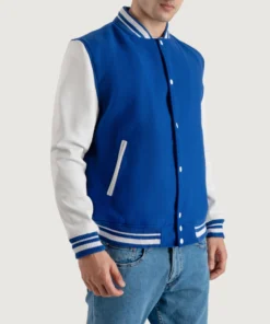 Men's Royal Blue Wool Varsity Jacket with White Leather Sleeves front view