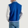 Men's Royal Blue Wool Varsity Jacket with White Leather Sleeves back view
