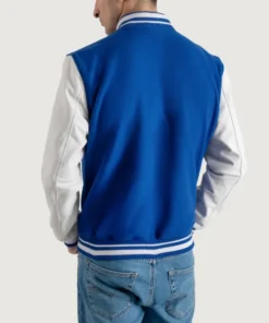 Men's Royal Blue Wool Varsity Jacket with White Leather Sleeves back view