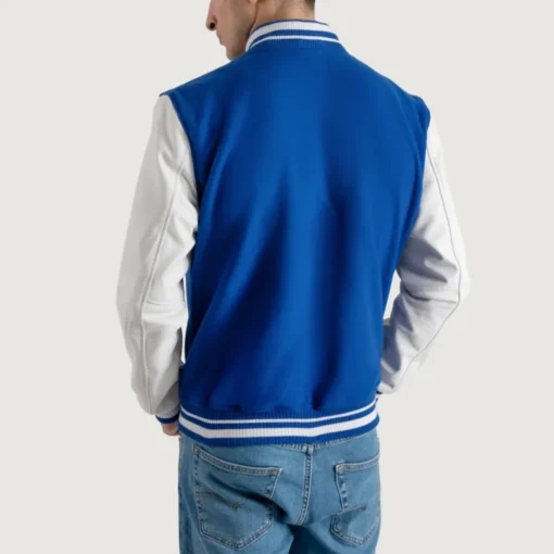 Men's Royal Blue Wool Varsity Jacket with White Leather Sleeves back view