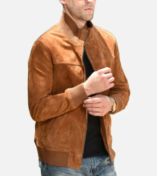 Mens Brown Suede Leather Bomber Jacket