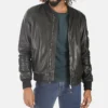 Mens Teddy Ball Black Genuine Leather Removable Hooded Jacket image