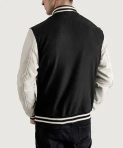 Men's Black & White Wool Varsity Lettermen Jacket with Leather Sleeves back view