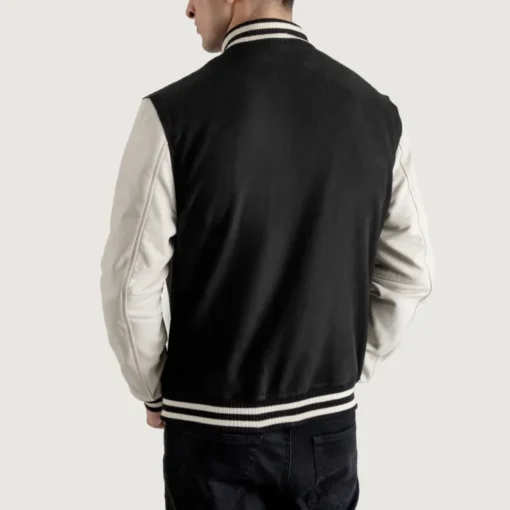 Men's Black & White Wool Varsity Lettermen Jacket with Leather Sleeves back view