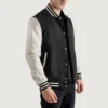 Men's Black & White Wool Varsity Lettermen Jacket with Leather Sleeves front view
