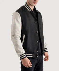 Men's Black & White Wool Varsity Lettermen Jacket with Leather Sleeves front view