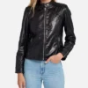 Women’s black leather jacket with snap-tab collar and cafe racer zip front