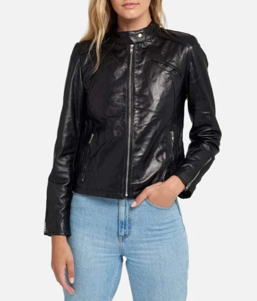 Women’s black leather jacket with snap-tab collar and cafe racer zip front