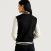 Womens Black Wool Varsity Jacket with White Leather Sleeves back view image