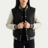 Womens Black and White Wool Leather Letterman Varsity Jacket 1 image