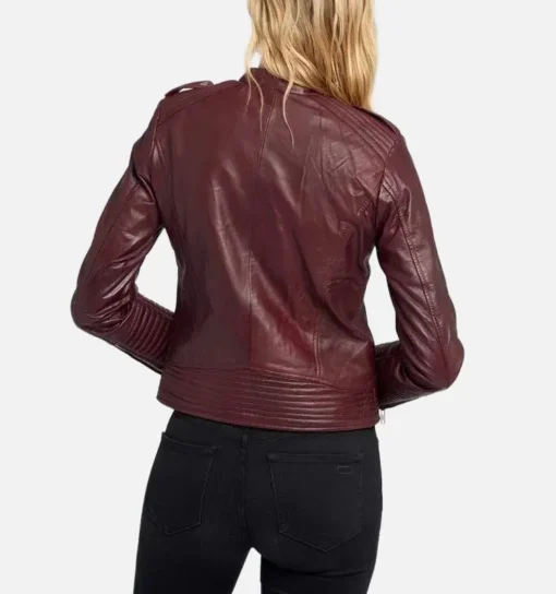 Women’s Maroon Asymmetric Cafe Racer Leather Jacket - Image 2