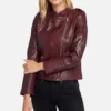 Women’s maroon asymmetric leather jacket with angled zipper and quilted shoulders