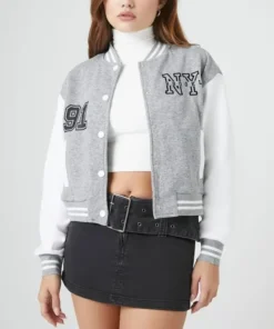 Women’s Brooklyn NY Gray & White Wool Varsity Jacket front view