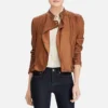 Women’s iconic brown sheepskin leather jacket with standing collar and zipper cuffs