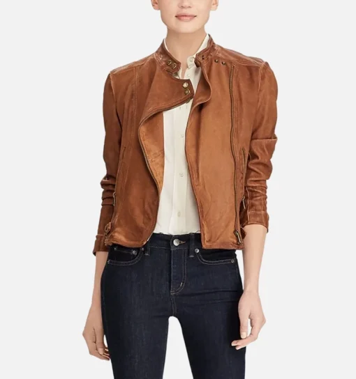 Women’s iconic brown sheepskin leather jacket with standing collar and zipper cuffs