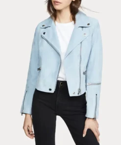 Womens Pale Blue Suede Biker Leather Jacket