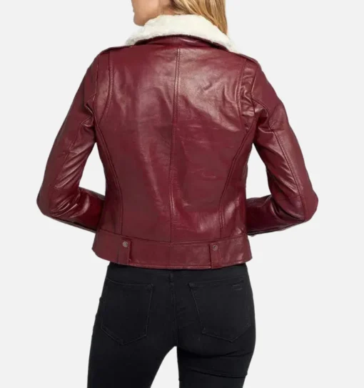 Women's Shearling Maroon Biker Jacket - Image 2