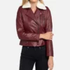 Womens Shearling Fur Collared Maroon Biker Leather Jacket image