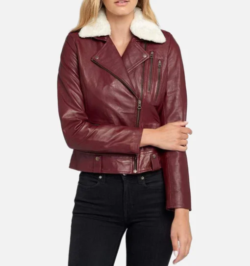 Women's Shearling Maroon Biker Jacket