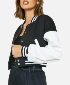 Women's Black & White Wool Varsity Jacket front view