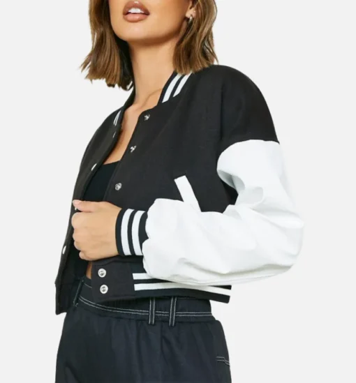 Women's Black & White Wool Varsity Jacket front view
