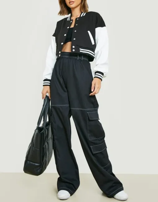 Women's Black & White Wool Varsity Jacket full view