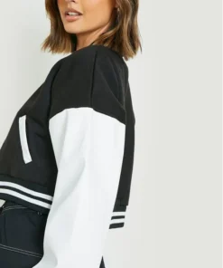Women's Black & White Wool Varsity Jacket side view