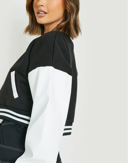 Women's Black & White Wool Varsity Jacket side view