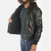 Men’s Black Removable Hooded Leather Bomber Jacket front side view
