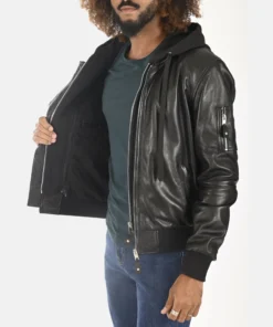 Men’s Black Removable Hooded Leather Bomber Jacket front side view
