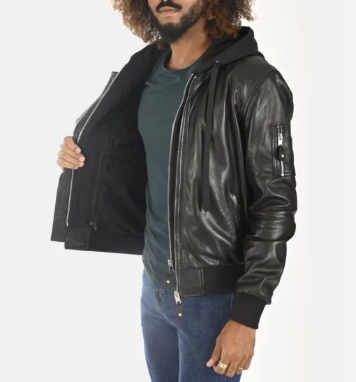Men’s Black Removable Hooded Leather Bomber Jacket front side view