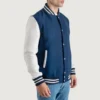 Men's Navy Blue Wool Varsity Jacket White Leather Sleeves front side view
