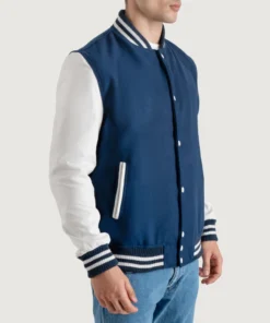 Men's Navy Blue Wool Varsity Jacket White Leather Sleeves front side view