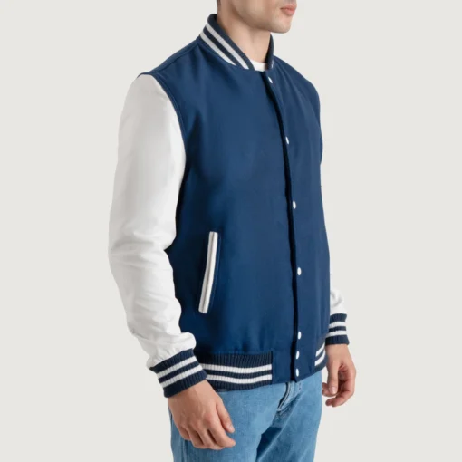 Men's Navy Blue Wool Varsity Jacket White Leather Sleeves front side view