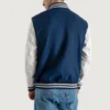 Men's Navy Blue Wool Varsity Jacket White Leather Sleeves back view